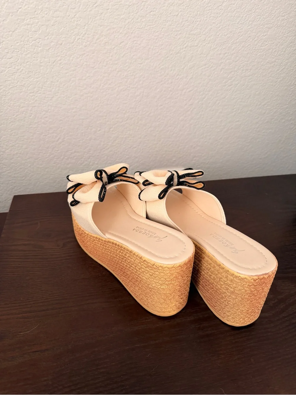 Wedge Slide Sandals with Cream Bow Accent